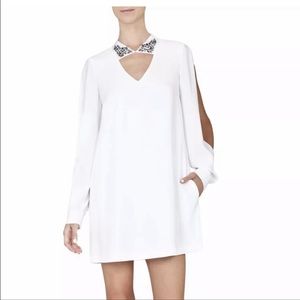 BCBG Maxazria IRENA Dress, Jeweled Collar, Size=L, Color= White